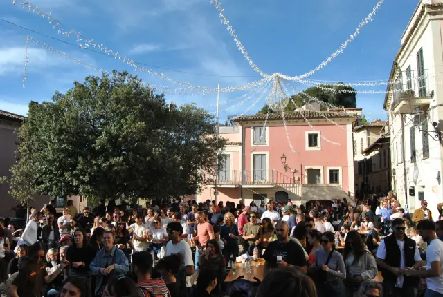Piazza del paese gremita di visitatori durante la sagra, con luminarie sospese e case colorate